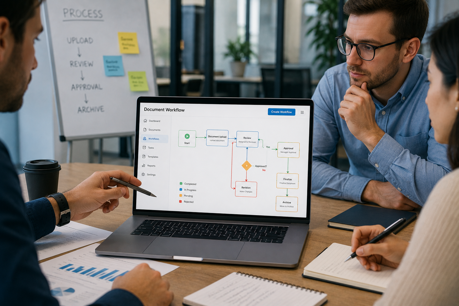 Team reviewing a document workflow diagram on a laptop screen