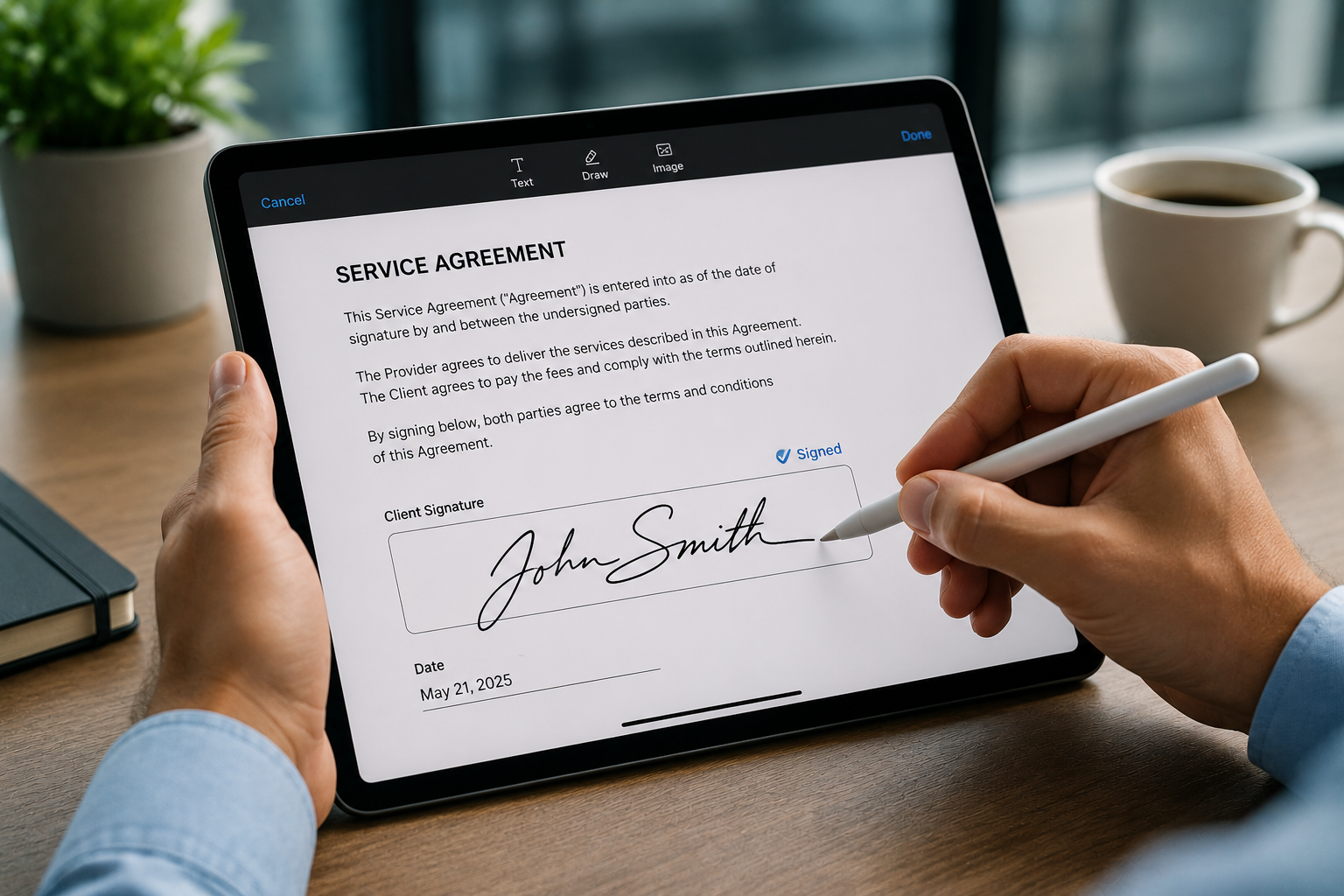 Person signing a digital document on a tablet screen