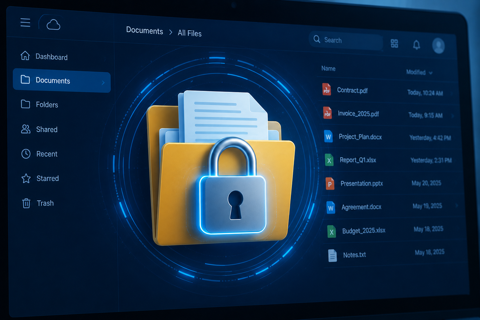 Padlock icon overlaying a folder of digital documents on a screen