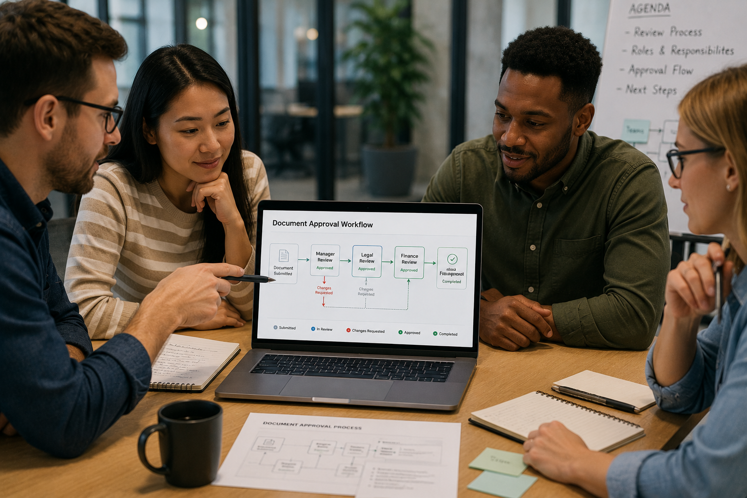 Team members collaborating around a laptop reviewing an approval process